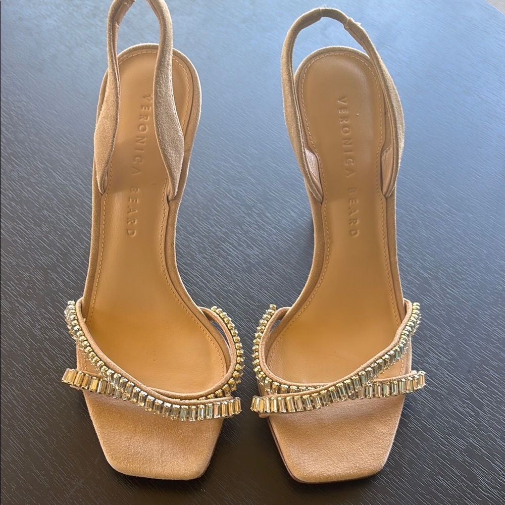 Veronica Beard Cream Stiletto Heeled Sandals with Crystal Embellishments 5.5